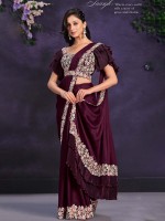 Dark Plum Crepe Satin Silk Ready To Wear Saree